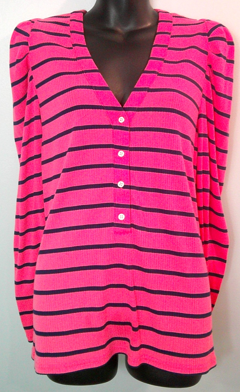 Crown & Ivy Women's 1x Coral Navy Long Sleeve Horizontal Stripe Shirt V Neck